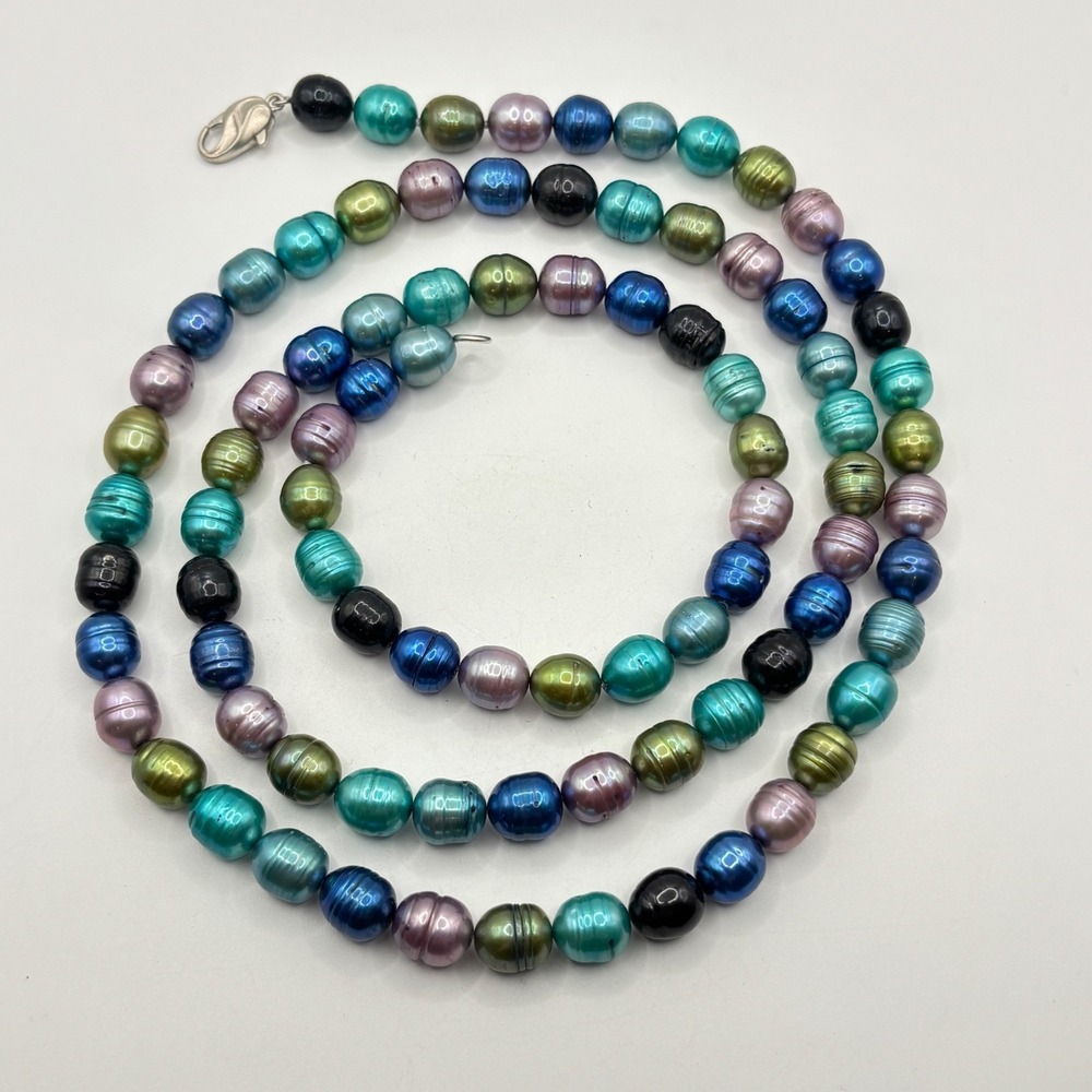 Vintage Honora Freshwater Rainbow Pearl Necklace 925 Clasp 36" Violet Blue Green